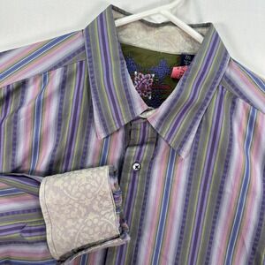 Robert Graham Shirt Mens 2XL Pink Purple Striped Long Sleeve Silk Trim Flip Cuff